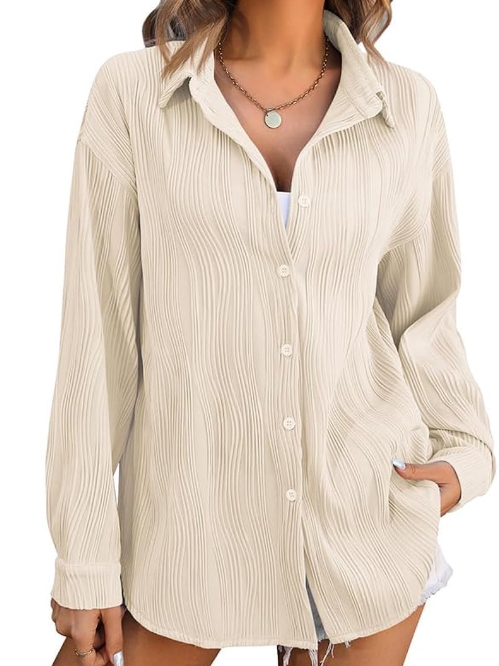 CHYRII Textured V Neck Button Down Blouse Women’s Large